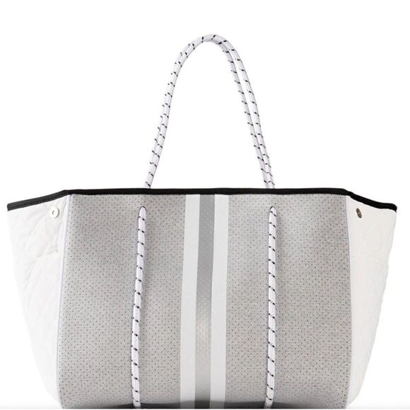 White and Gray Tote Bag - Neoprene Washable Tote with Pouch - BRAND NEW - Picture 2 of 10
